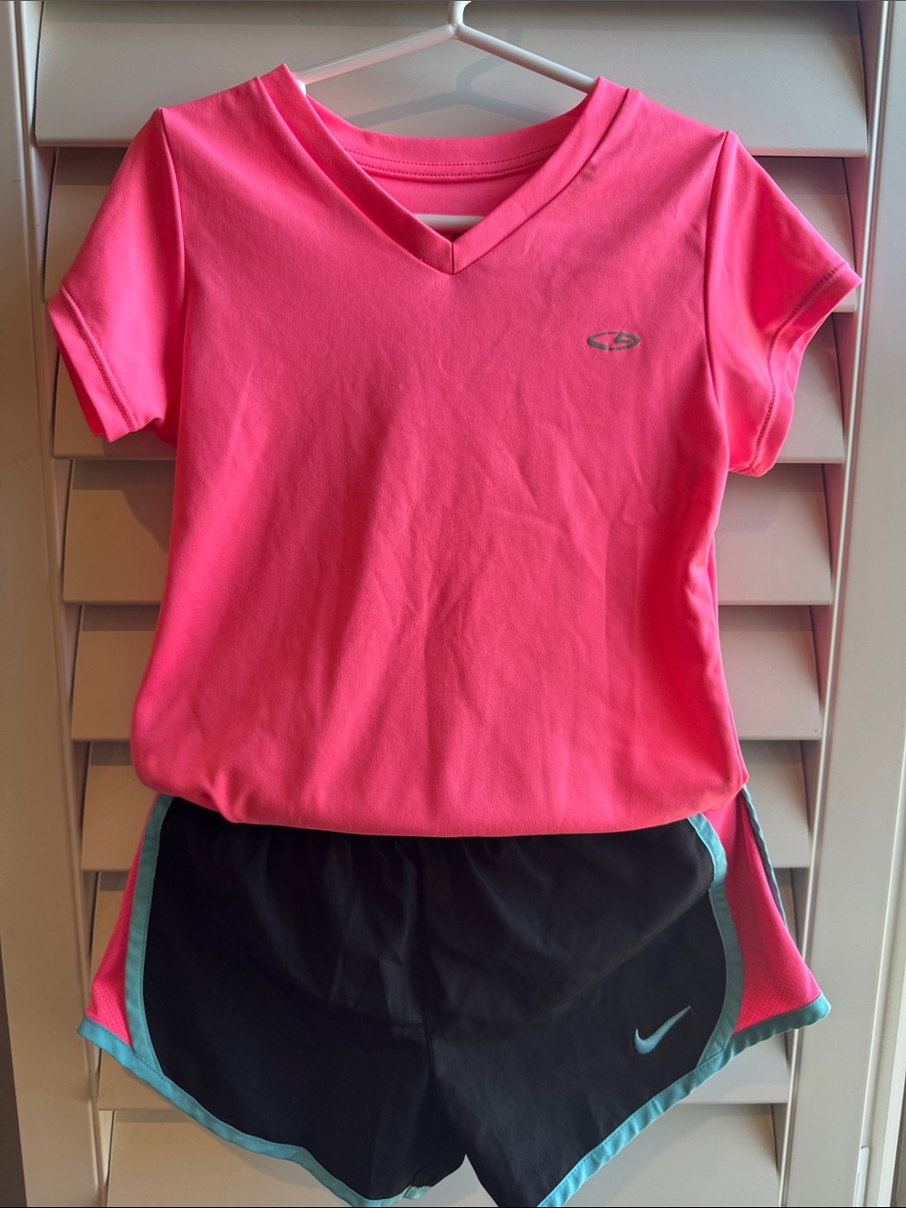 Nike Girls' Black & pink/Teal Trim Shorts w matching Champion pink v neck